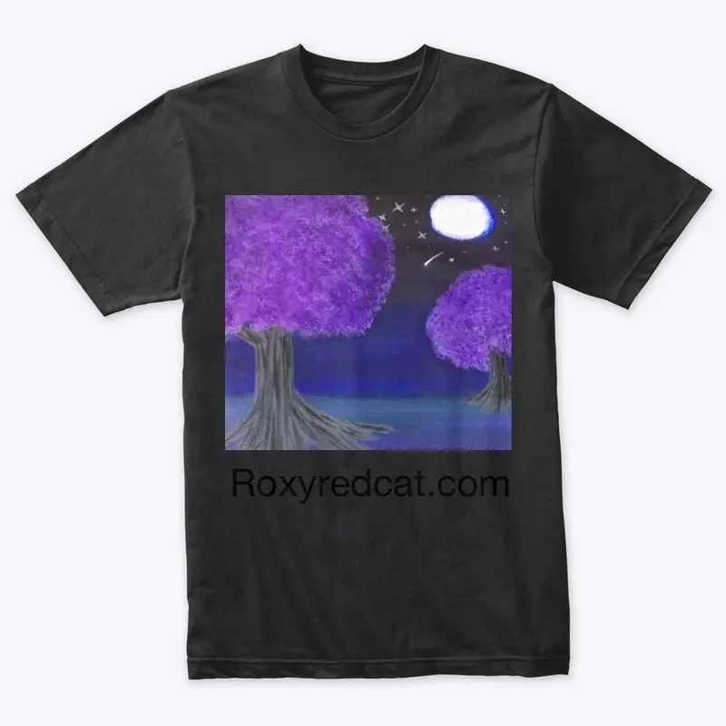 Purple trees under a shooting star