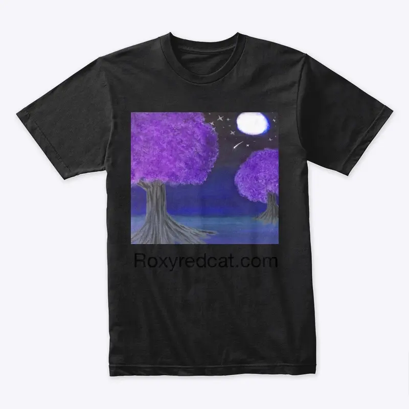 Purple trees under a shooting star