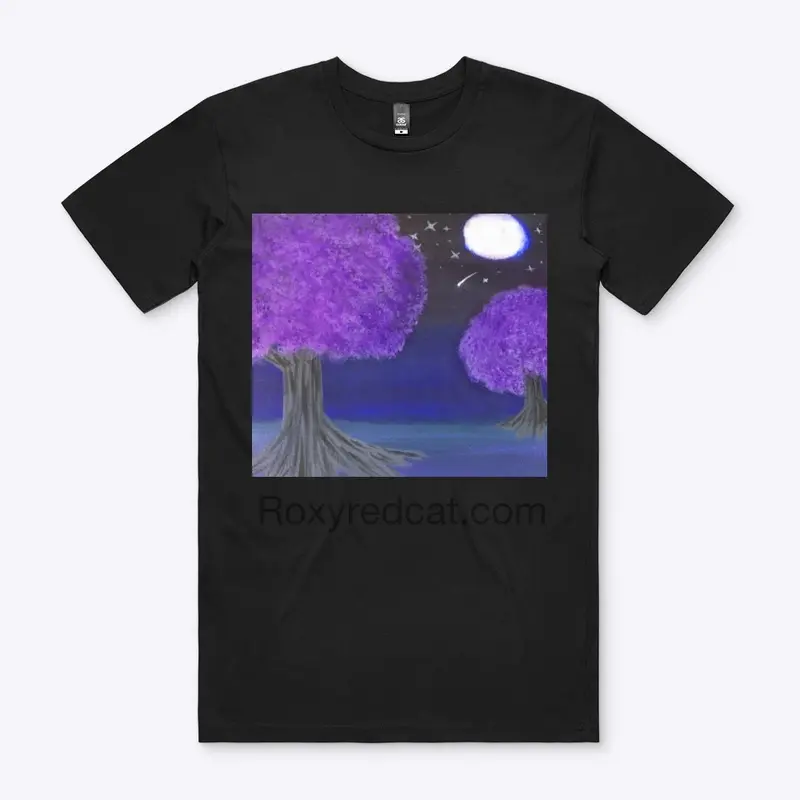 Purple trees under a shooting star